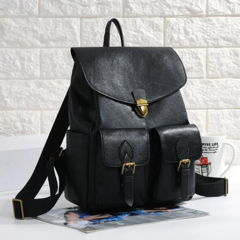 Full Grain Leather College Backpack Vintage Laptop Bag Casual Daypack for Women Large Capacity Hiking Traveling Rucksack 4