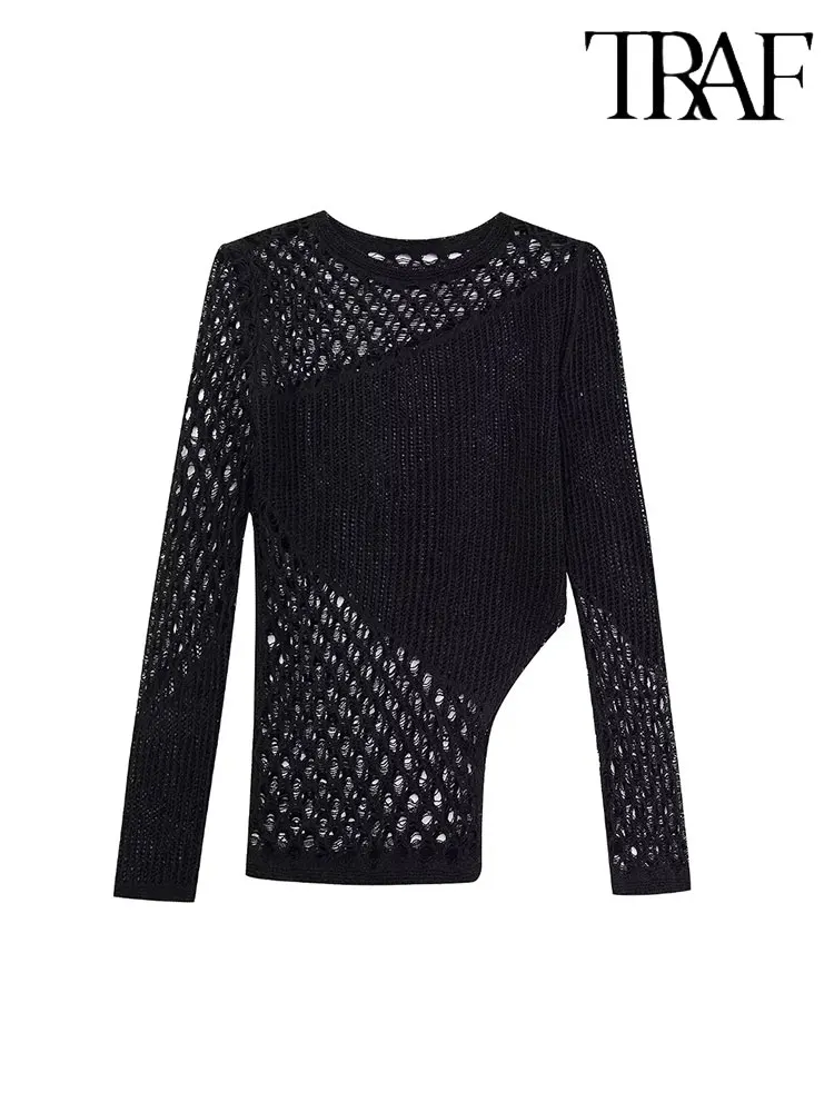 

TRAF 2023 Autumn Fashion Women Asymmetric Knitting See Through Tops Elegant Long Sleeve Female Skinny Club Party Clothes