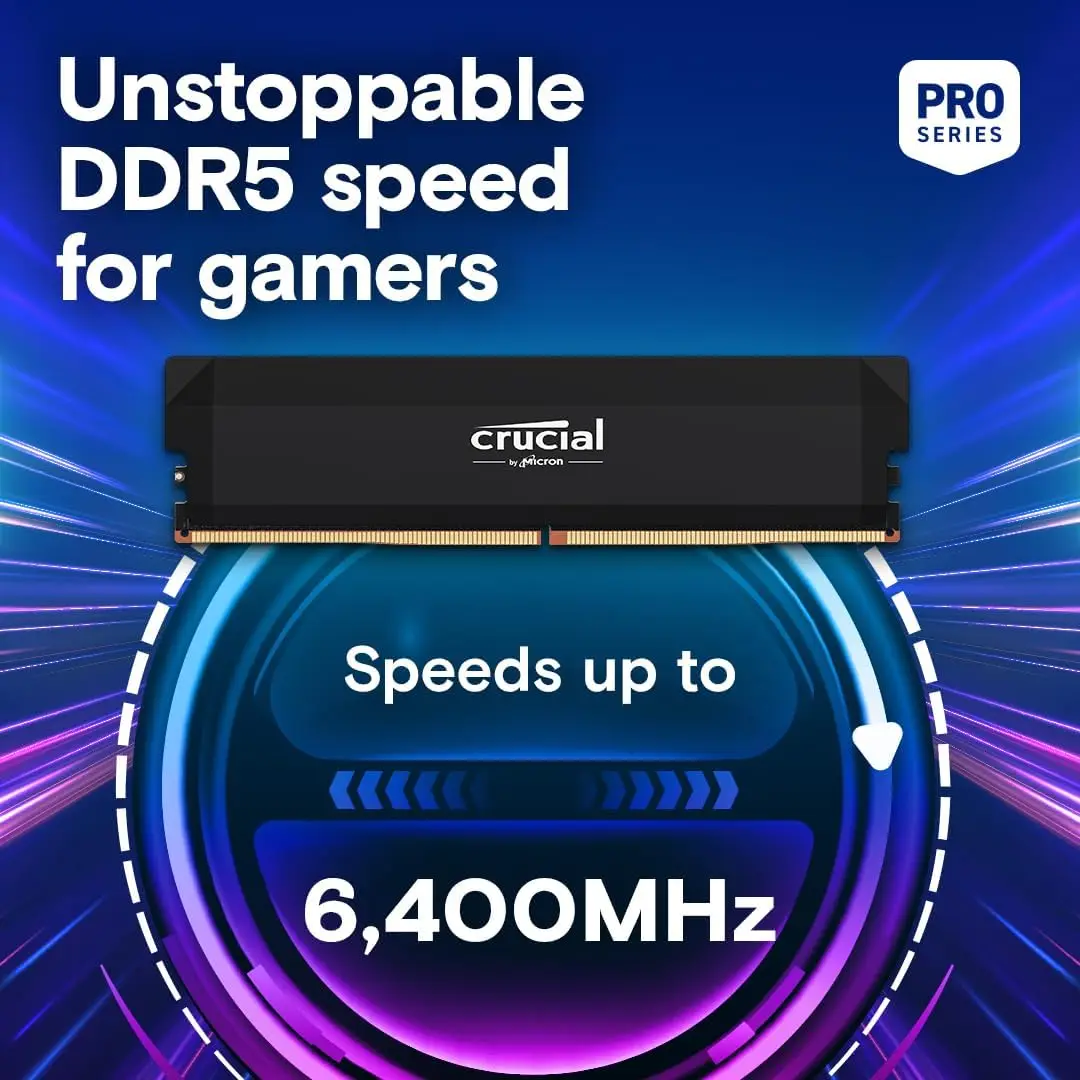 Desktop RAM Memory Crucial Pro DDR5 RAM 32GB Kit (2x16GB) 6000MHz, 6400MHz, Overclocking Desktop Gaming Memory, Intel XMP 3.0 & AMD Expo Compatible desktop memory
