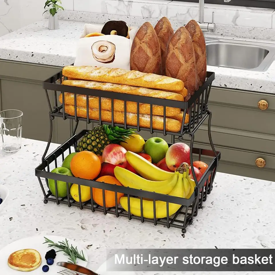 Frutero De Cocina De 2 Niveles Con Colgador De Plátanos - Organizador De Metal Para Frutas Y Verduras