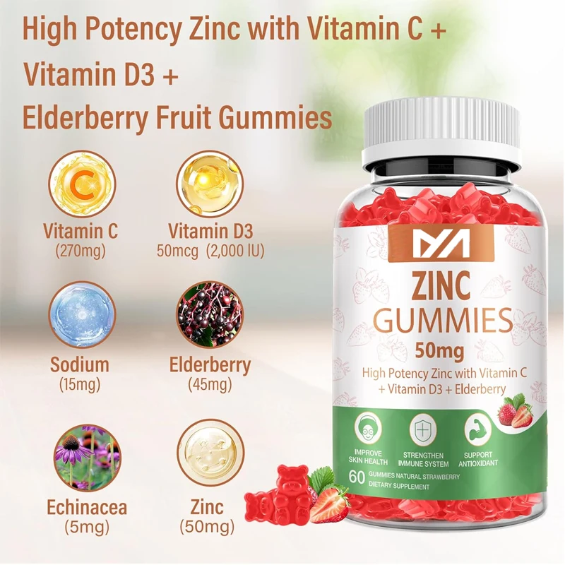 Gomitas de Zinc de alta potencia, 50mg, vitamina C + vitamina D3 + Elderberry, soporte de salud inmunológico y soporte antioxidante