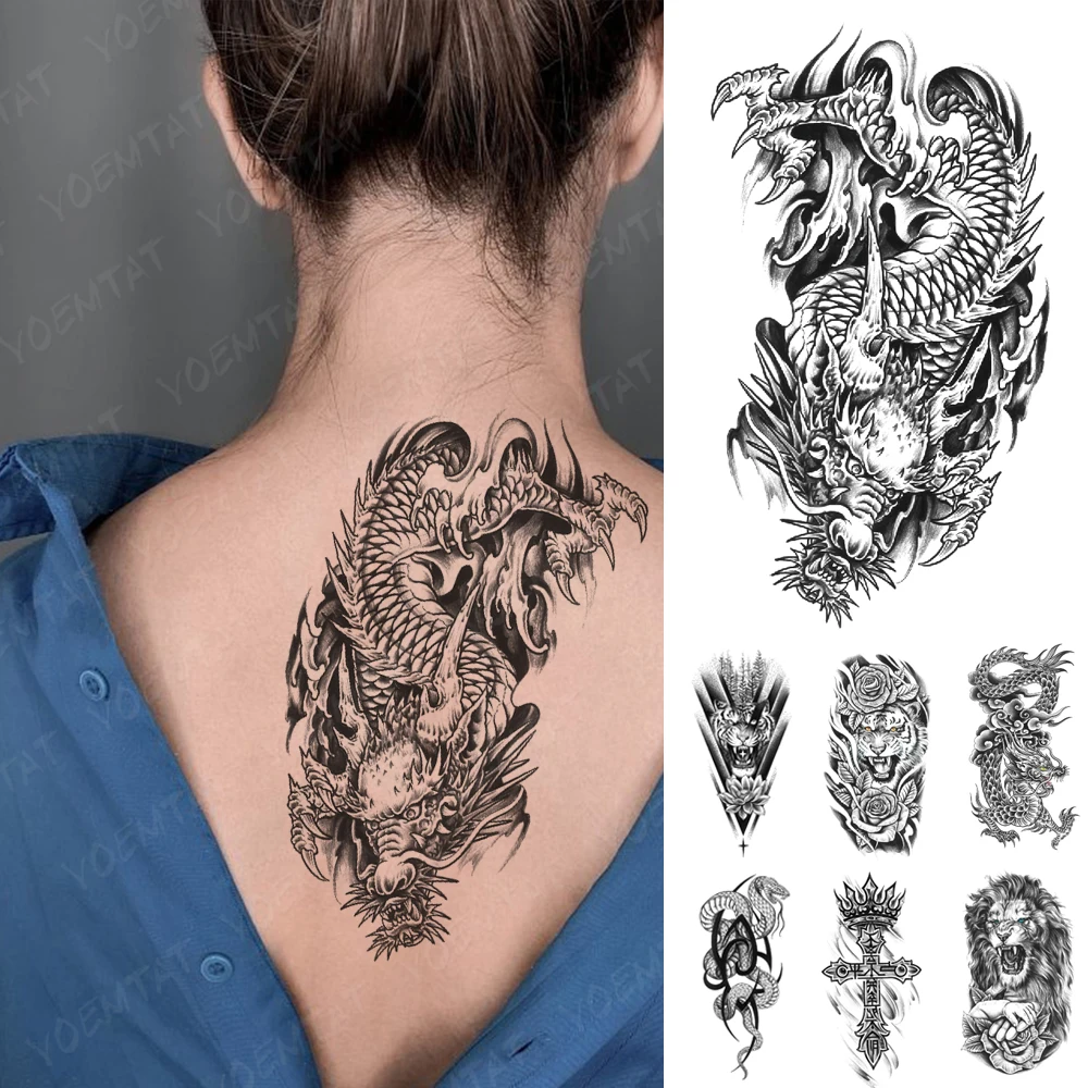 

Black Water Dragon Waterproof Temporary Tattoo Sticker Tiger Lion Snake Chinese Men Tattoos Body Art Women Arm Waist Fake Tatoo