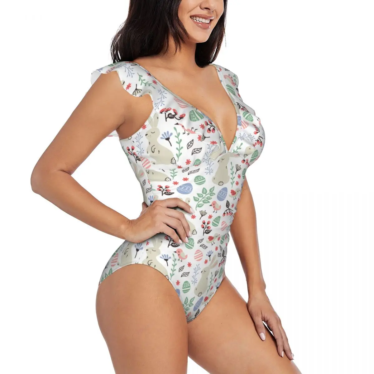 

Ruffled One-piece Swimsuit Women Flowers Bunnies Birds And Easter Eggs Sexy Lace Up Monokini Swimwear Girl Beach Bathing Suit