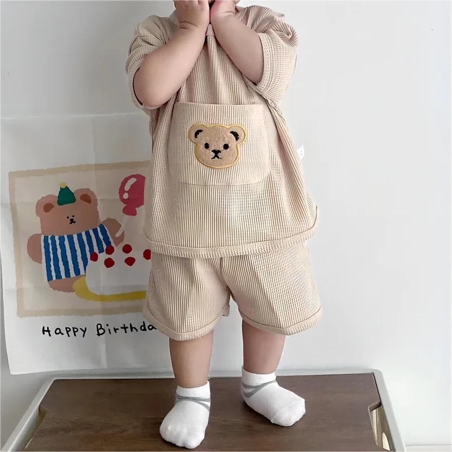 Summer Baby Clothing Set Baby Casual Homewear Set Waffle Bear Te and Shorts 2 Pcs Suits for Boys Girls