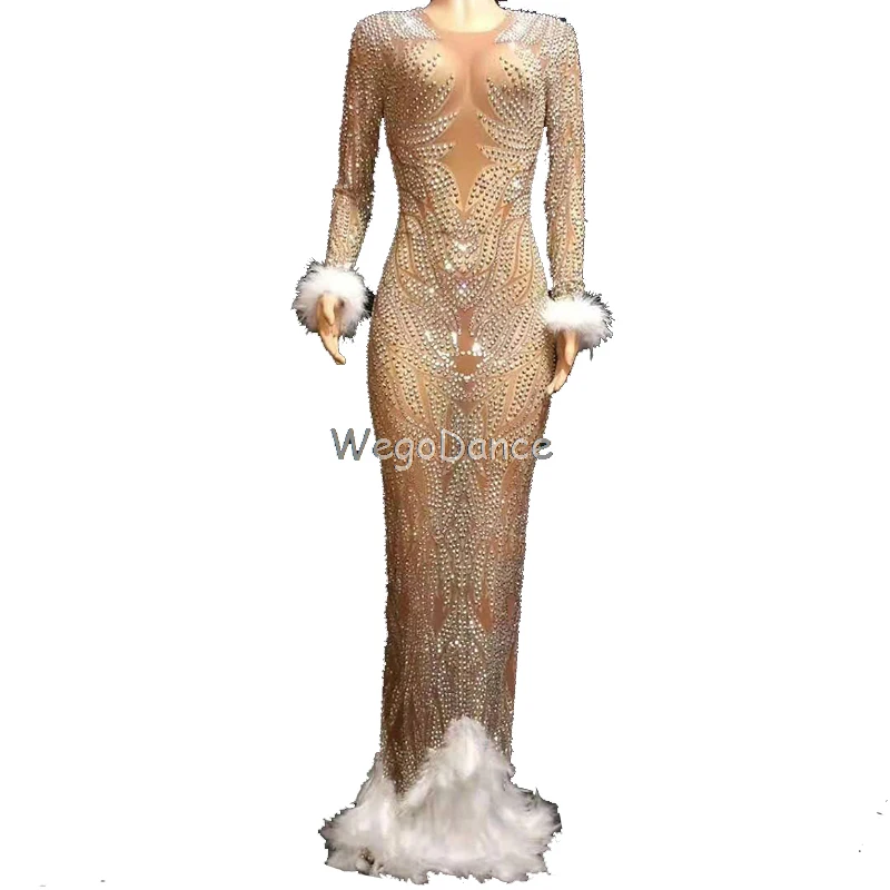 

Sparkly Rhinestones Feather Nude Dress Sexy Full Stones Long Big Tail Dress Costume Prom Birthday Celebrate Dresses