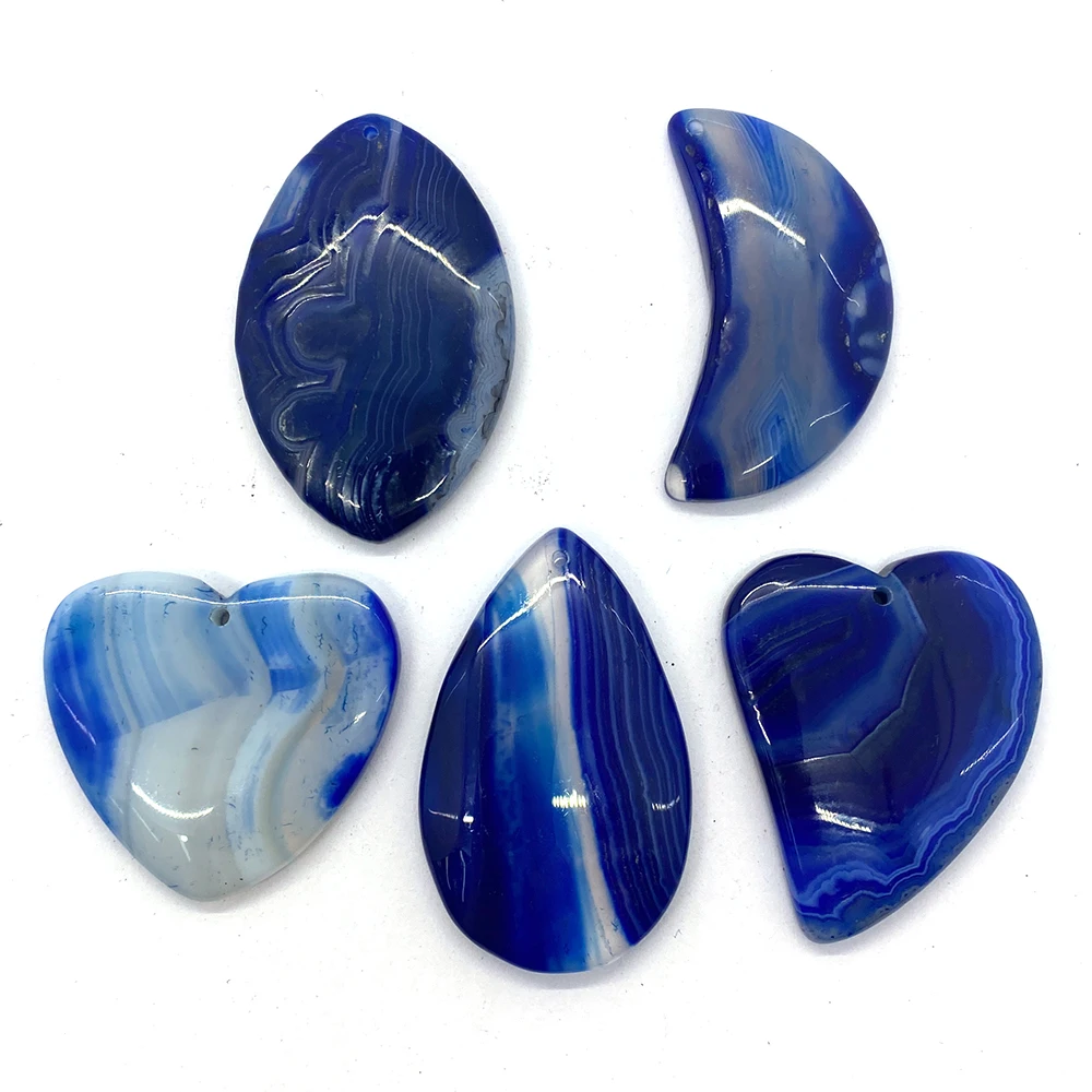5pcs Blue Striped Agate Pendants Set Natural Stone Reiki Healing Stone for Jewelry DIY Making Necklace Charms Accessories Onyx