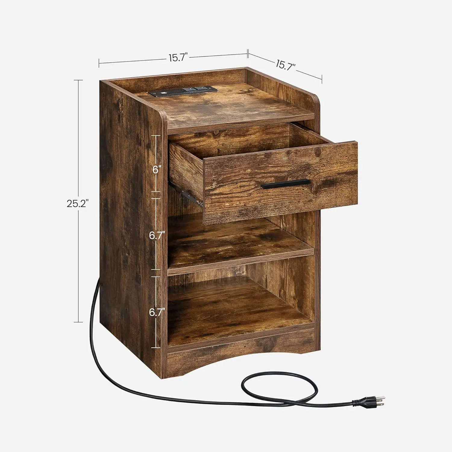 Nightstand with Charging Station, Bed Side Table with USB Ports and Outlets, Drawer 3