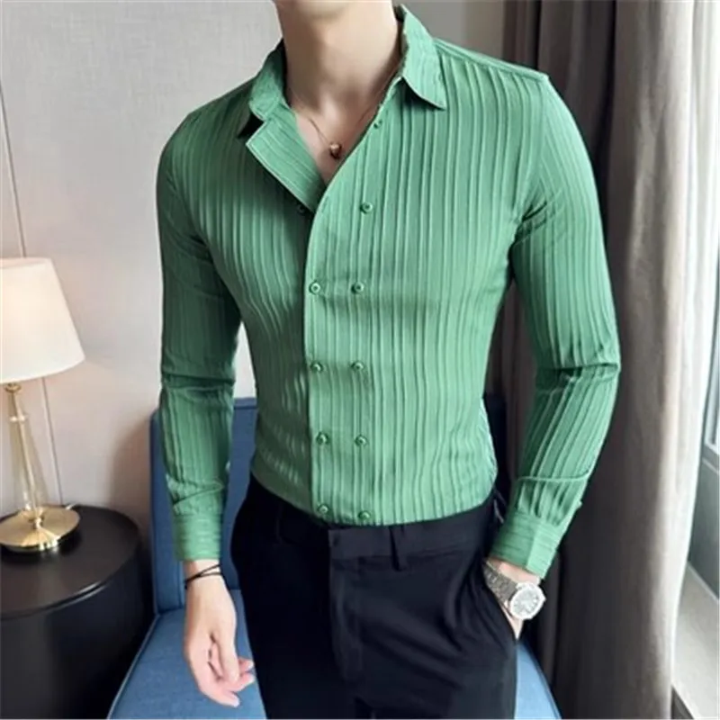 Luxury Design Business Shirt Men Turn-Down Neck Long Sleeve Blouses Male Big Striped Double Breasted Camisa Men Clothing 2023