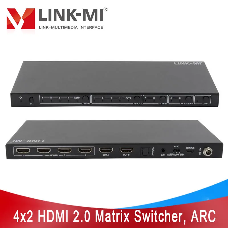 LINK-MI 4x2 HDMI 2,0 матричный коммутатор с аудио экстрактом/шкалой/ARC/EDID 4 в 2 выхода HDMI матрица поддержка IR Remote