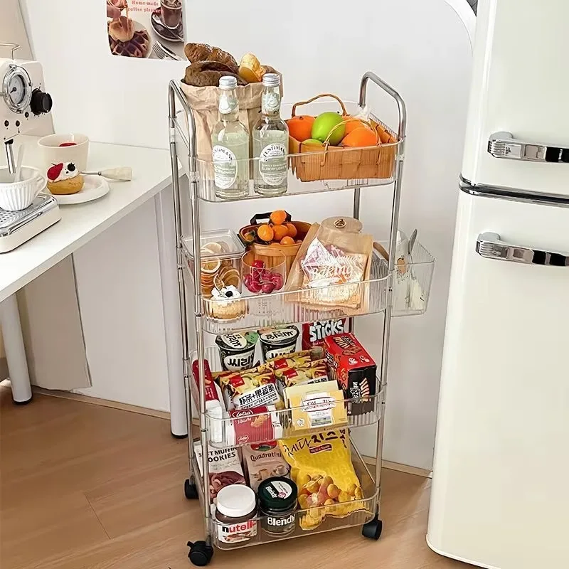 3/4 Layer Rolling Trolley Storage Rack Movable Trolley With Hanging Basket Bathroom Storage Makeup Snack Organizer Transparent 2