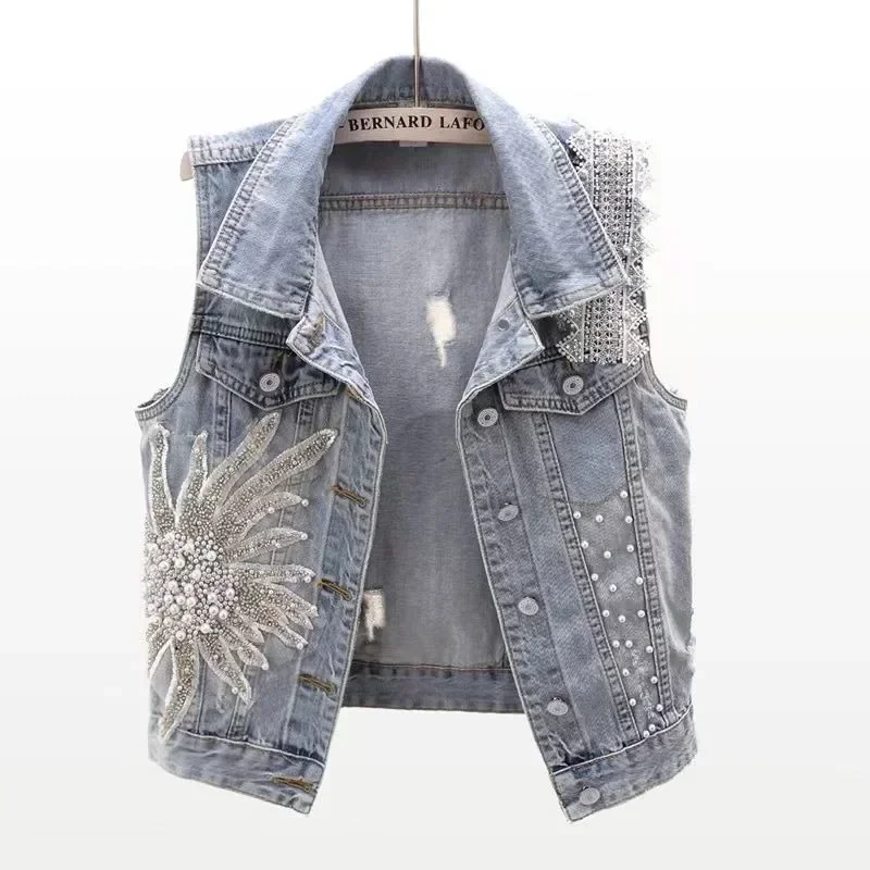 

Fashion Lace Beaded Denim Vest Women Cardigan 2024 New Spring Sleeveless Jacket Fashion Loose Vintage Jeans Waistcoat Tide