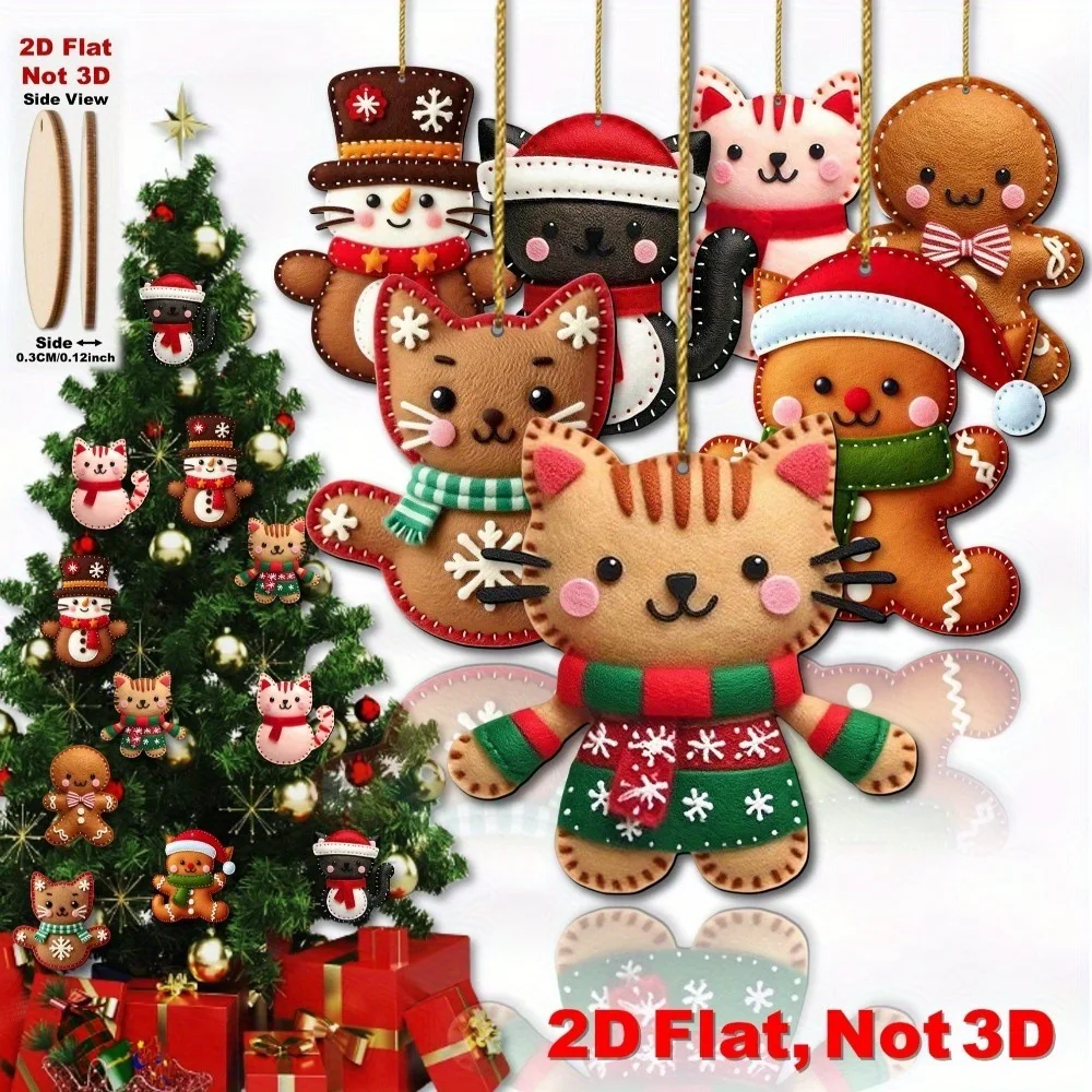 8/16Pcs Cute Cartoon 2D Flat Gingerbread Cat Tree Toppers Decoration Christmas Tree Hanging Decorative Pendants Ornaments