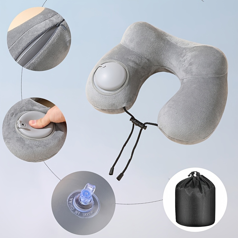 1 press type inflatable pillow U-shaped pillow, foldable U-shaped double hump neck pillow, portable outdoor travel pillow