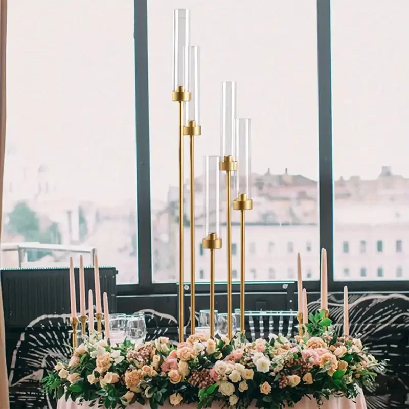 Floor Candelabra 5 Arm 42.5'' Tall Gold Candle Holder, Candelabra Centerpieces for Tables, Metal Candlestick Set with Acry