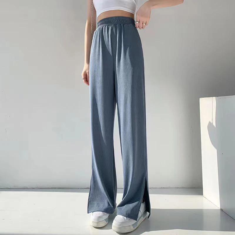 

Lucyeve 2022 Summer Women's Wide Leg Pants Korean High Waist Loose Casual Pants Woman Comfortable Cool Split Straight Trousers