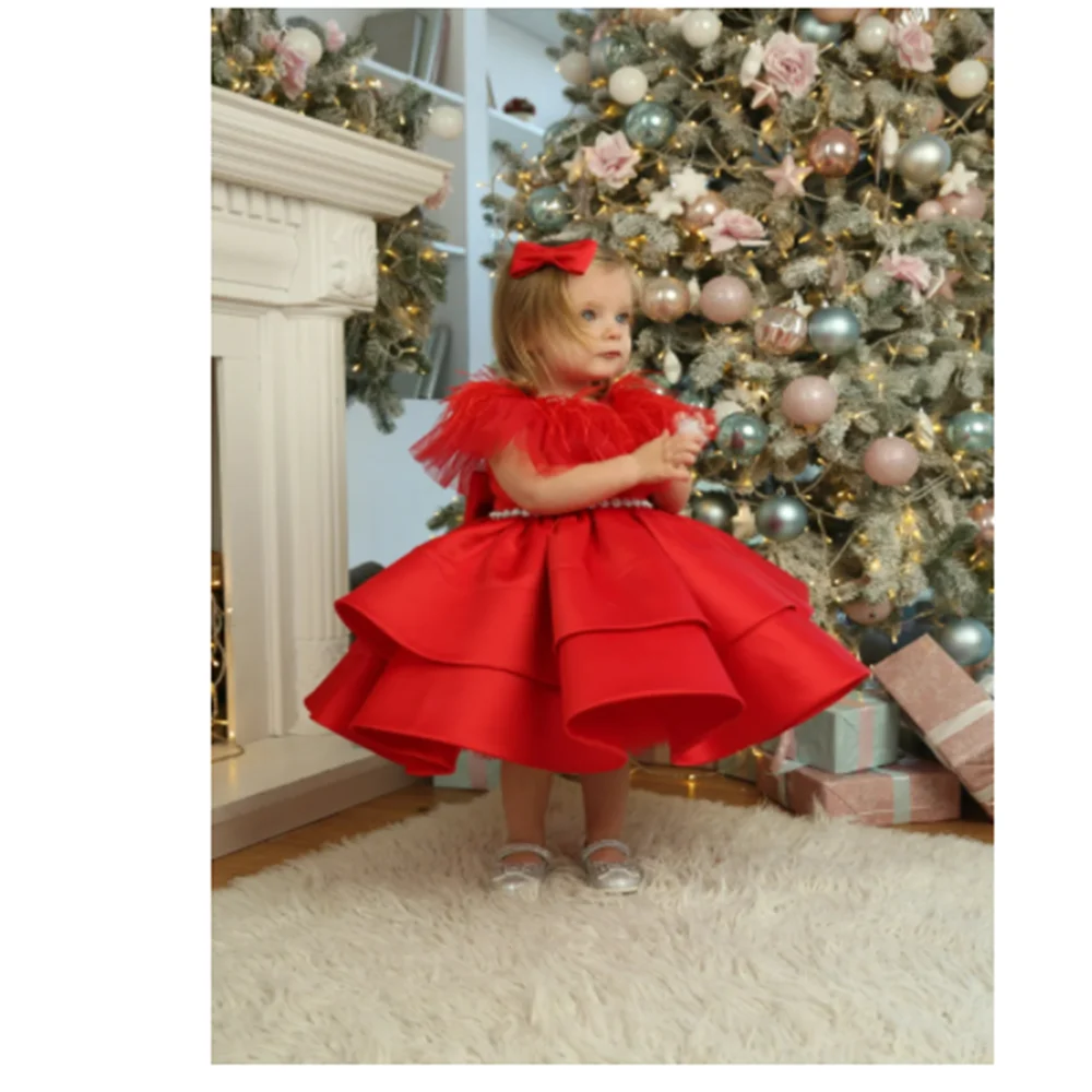 

Red Satin Puffy Toddler Flower Girl Dress Birthday Bow Feather Flower Girl Dress for Weddings Party Pageant Communion Dress