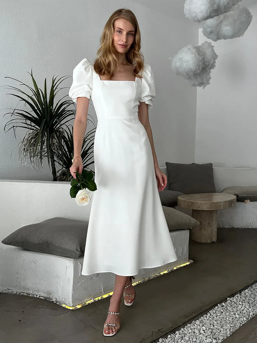 Bornladies Women's 2026 Summer New Square Neck Short Sleeve Dress Elegant Fitted Slim Puff Sleeve Midi Dress