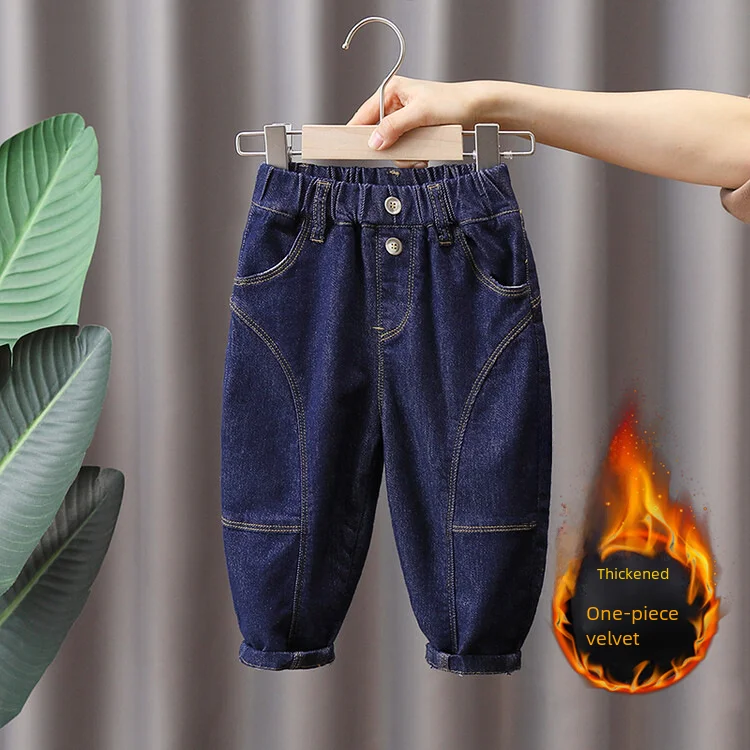 소년 가을 겨울 플리스 청바지, 어린이 할리 루즈한 긴 바지, 중간 작은 어린이 딥 블루 무 바지
