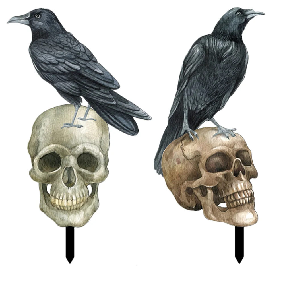 

Raven On Skull Halloween Crows Yard Signs Stakes Gothic Crow On Skull Statue Scary Silhouette Garden Stake Halloween Front