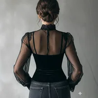 Chemisier en maille Vintage pour femmes, élégant, col haut, garniture en dentelle, manches longues, Corset en velours, haut à la mode, chemisiers gothiques décontractés 2
