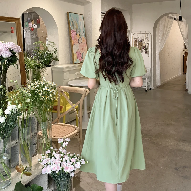 Green Maternity Summer Long Dress Plus Size Pregnant Woman Puff Sleeve Ruffle Patchwork Bowknot Pregnancy