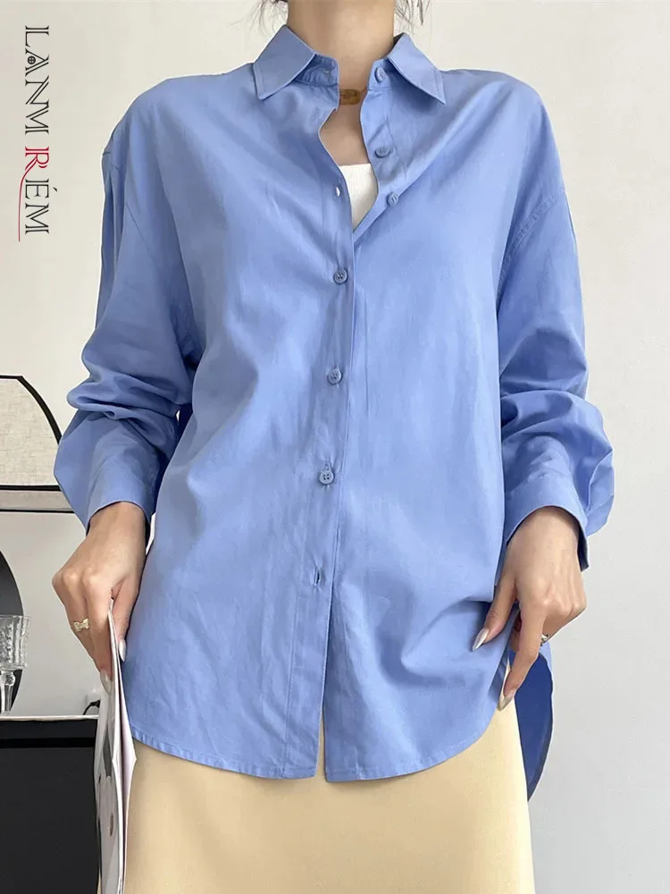 

Женская однобортная рубашка [LANMREM], белая однотонная рубашка с воротником с лацканами, весна 2024