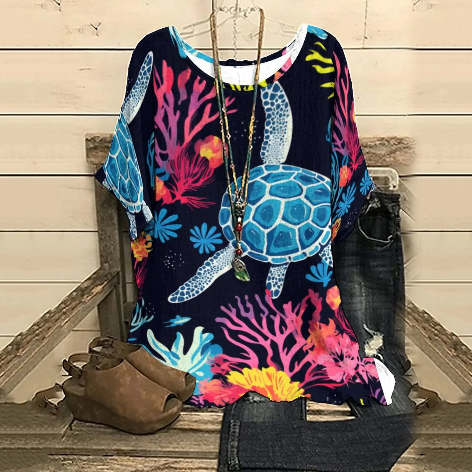 

Fashion Summer Classic Blouse Women's Half Sleeve Top Tee Sea Turtle Print Graphic T-Shirt Streetwear