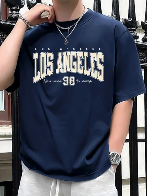 Men's summer 100 cotton fashionable casual loose plus size Los Angeles 98 printed sports round neck short sleeved T-shirt top 2