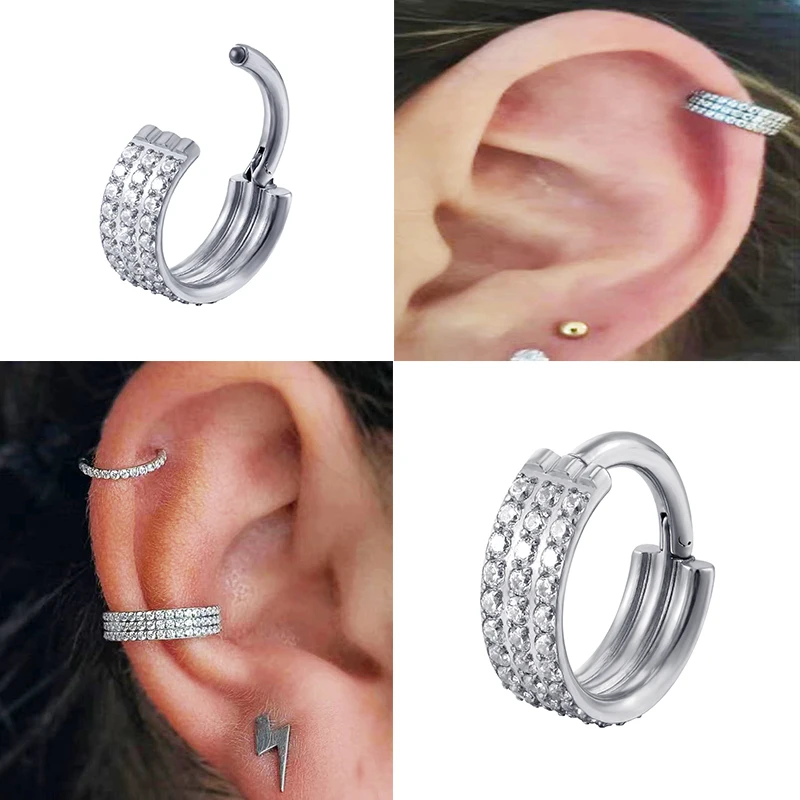 F136 Titanium Ear Piercing Earrings Three Rows Zircon High Segment Clickers Septum Nose Ring Cartilage Tragus Helix Body Jewelry