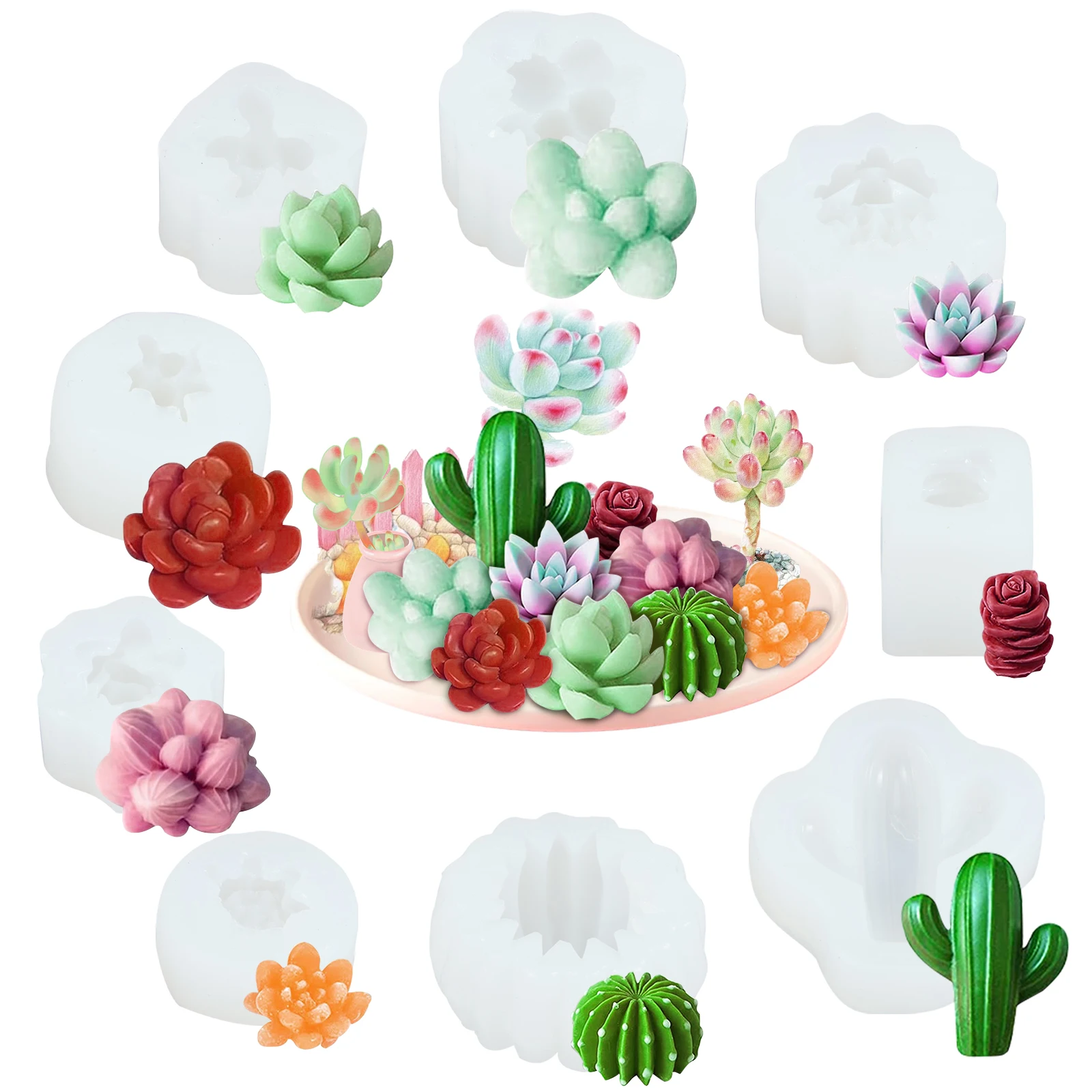 Description Picture 6 of item9Pcs Succulent Silicone Mold 3D Succulent Cactus Candle Molds Safe Cactus Flower Resin Mold for Scented Candles Soaps Making