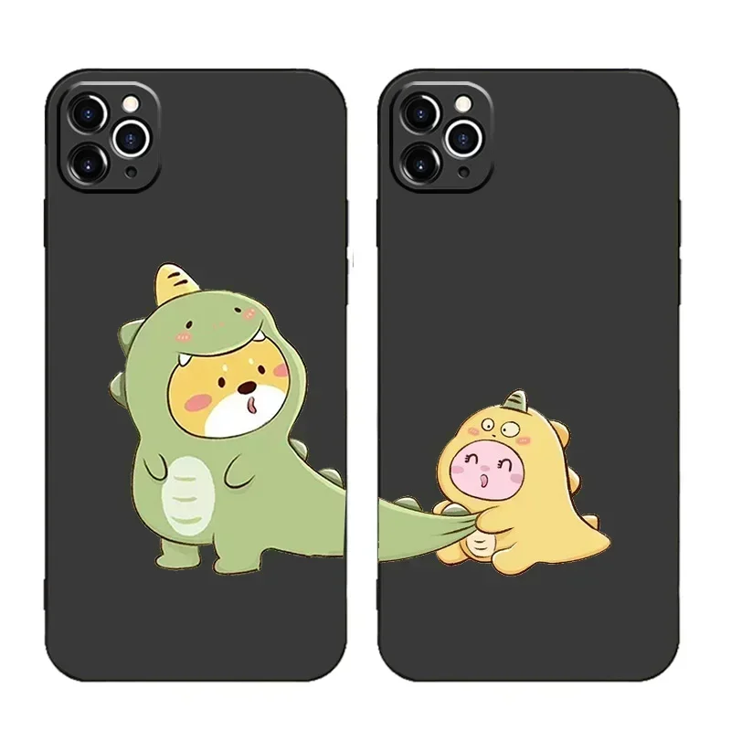 Cartoon Dinosaur Couple Silicone Phone Case - Soft and Stylish Cover