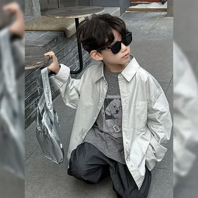 Cool Black Retro Denim Jacket for Boys Autumn Winter Fashionable Children's Shirt Baby Stylish Top Crew Neck
