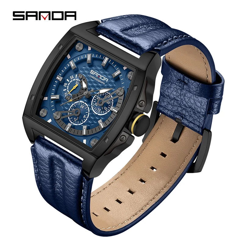 2023 SANDA New Quartz Men's Watch Square Belt with Three Eyes and Six Pin Pin Scales Fashion Trend Fluorescent Men's Watch 5308