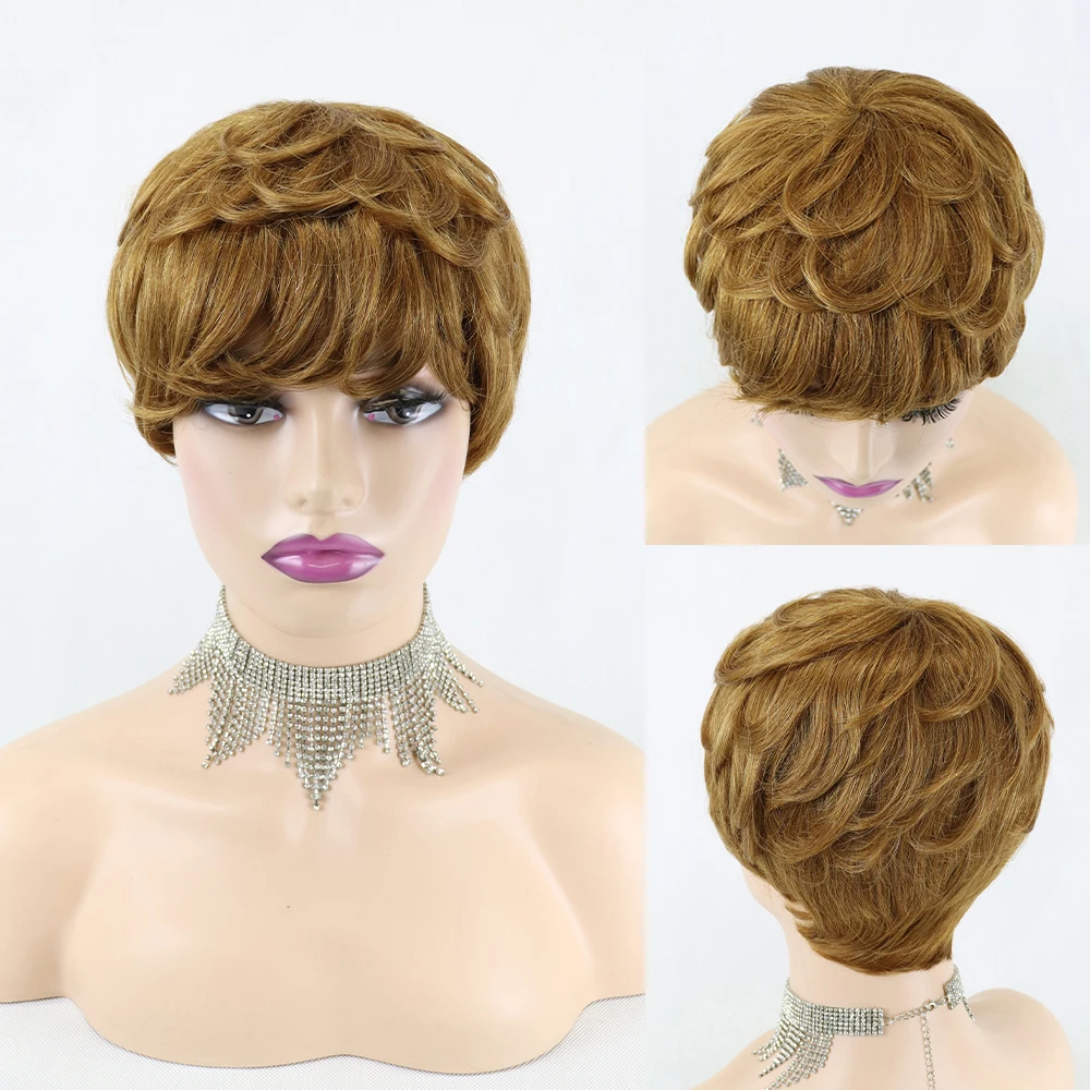 Perucas de Cabelo Brasileiro para Preto Humano Curto Pixie Corte Reto Remy Cabelo Máquina Feita Destaque Cor Barato Glueless Peruca 69 Cheap Perucas à máq.