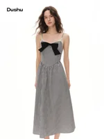 DUSHU Women’s 2026 Summer New Arrival Sweet Bowknot Lyocell Slip Dress Slim A-Line Midi Dress Figure-Friendly Multi-Size Dress