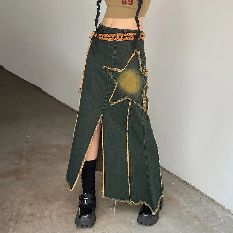 

Y2K Women Korean Vintage Irregular Star Knee Length Denim Midi Long Skirt High Waist Straight Grunge Alt Maxi Skirts Clothes