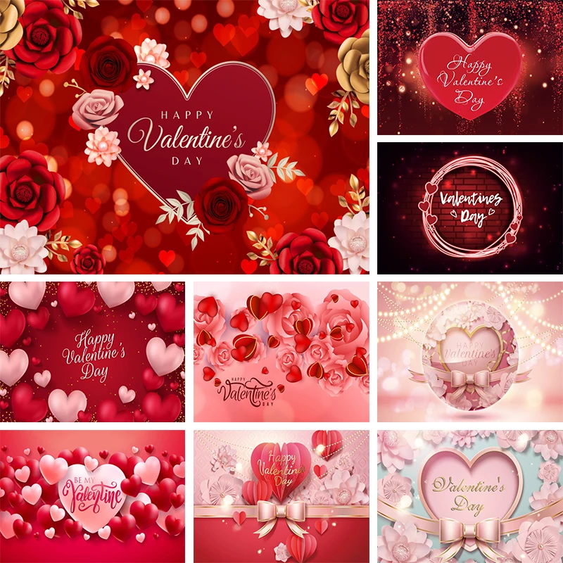 

Happy Valentines Day Backdrop Photography Lovers Couple Party Decorations Wall Banner Pink and Red Heart Rose Photo Background