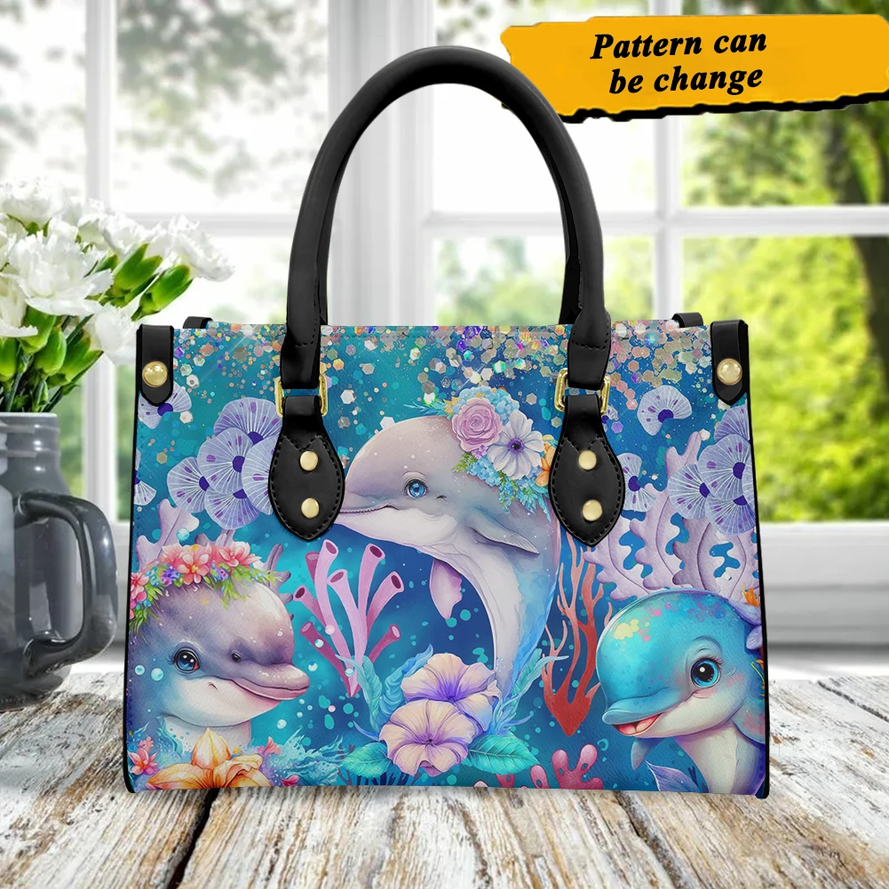 Women's Pu Leather Clutch Bag Cute Dolphin Pattern High Quality Portable Top Handle Cross Body Blue Bags Girls Shoulder Handbags