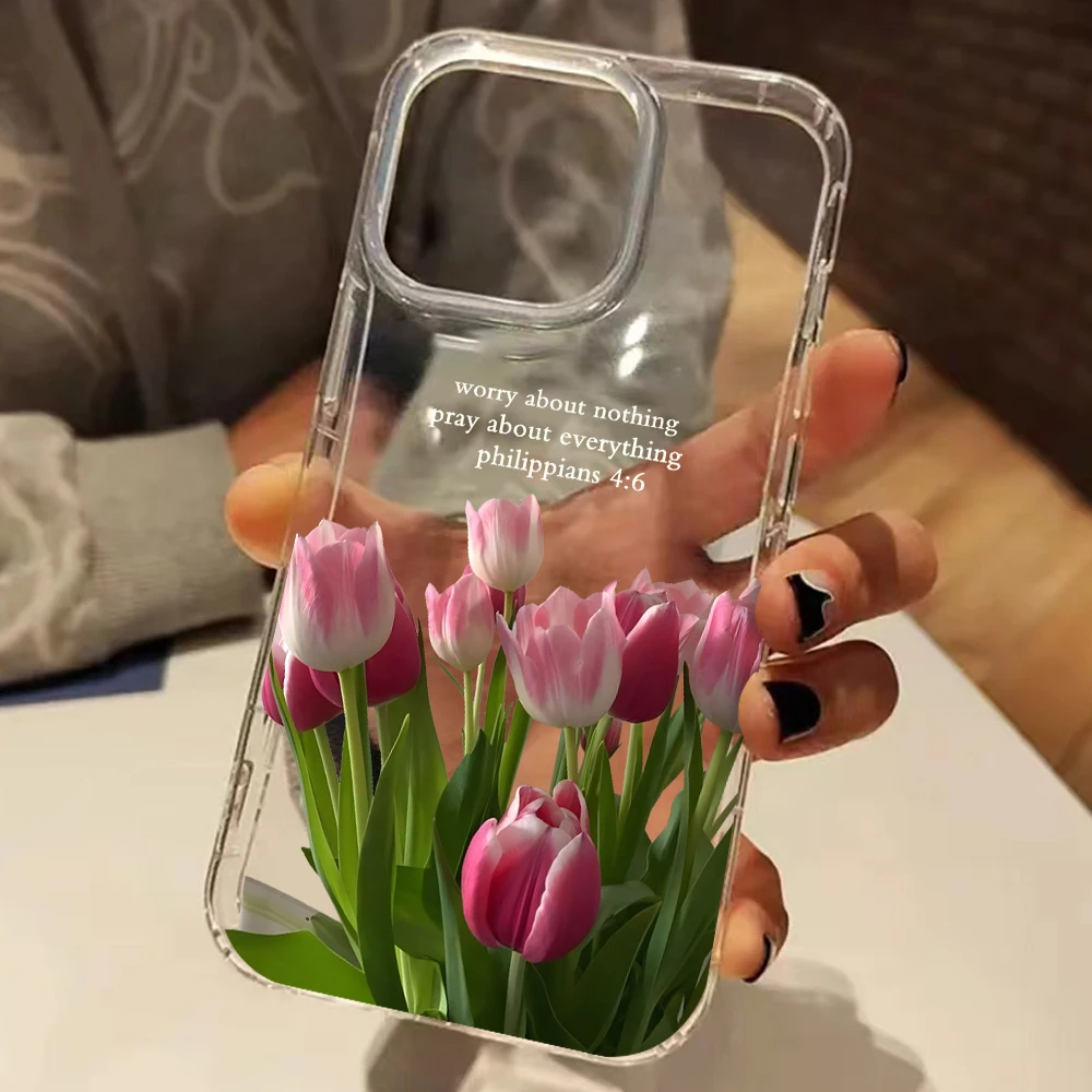 Pink Tulip Pattern Transparent Silicone Phone Case