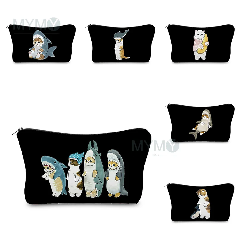 

Cartoon Shark Set Cute Cat Print Women's Cosmetic Bag Ladies Portable Purse Organizer Insert Female Toilet Bag Travel Makeup Bag