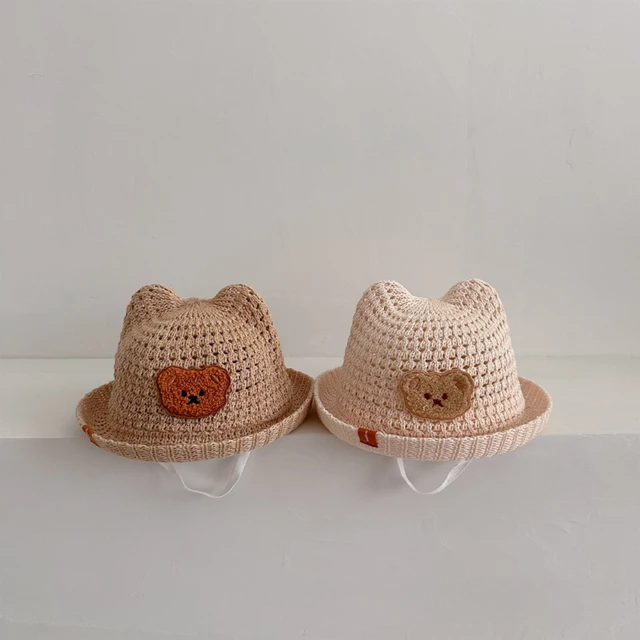 Chapeau de paille tissé à bord roulé pour bébé, casquette ours de  protection solaire pour enfants