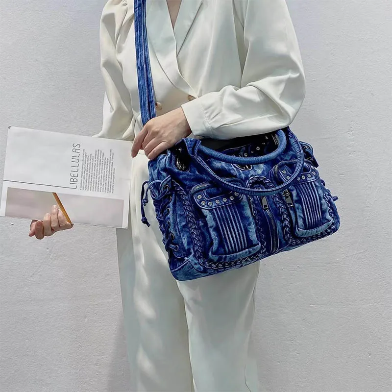 Denim Jean Large Capacity Multiple Pockets With Diamond Crossbody Messenger Bag Handbags Letter Shoulder Shopper Tote Lady Purse