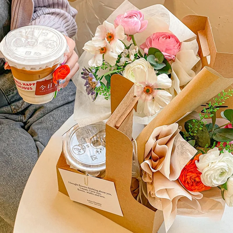 10 stücke tragbare Blume Geschenk Tasche Kraft papier halter Kaffee Blume Kuchen Dessert Verpackung Box Foto bevorzugen Getränke träger mit Griff – Detail 6