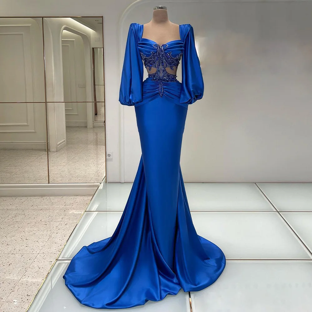 

Sexy Evening Dress Royal Blue Satin Beading Illusion Mermaid Gowns Long Puff Sleeves V Neck Trumpet Luxury Prom Dresses