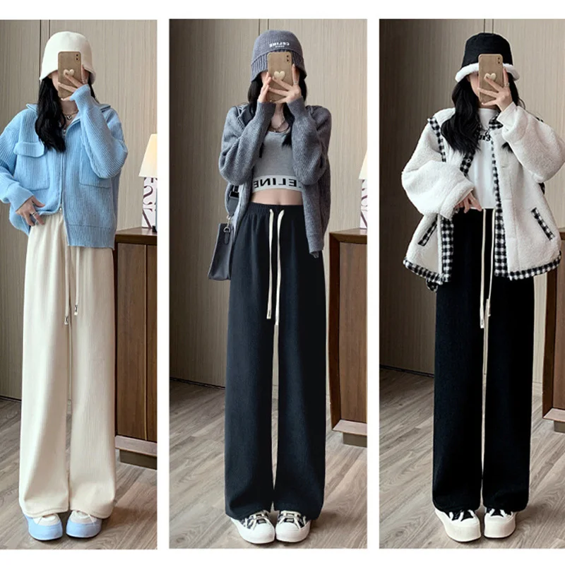 Winter Women Fleece Wide Leg Long Pants Thicken Warm Winter Stright Long Elastic Waist Trousers Casual Loose Female Botton Pants 2