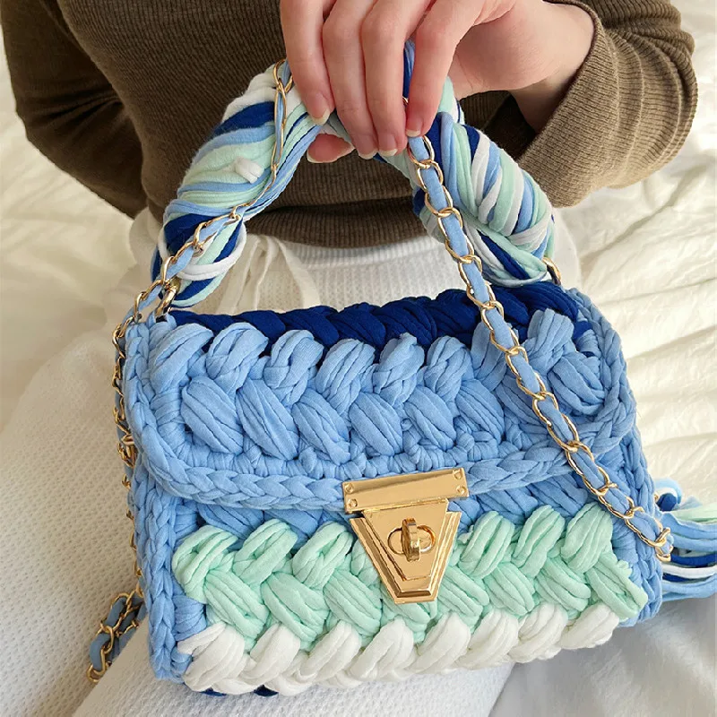 New Handmade Woven Women's Crossbody Bags Thread Hook Knitted Shoulder Bag Colorful Strip Chains Bags for Women Small Purses