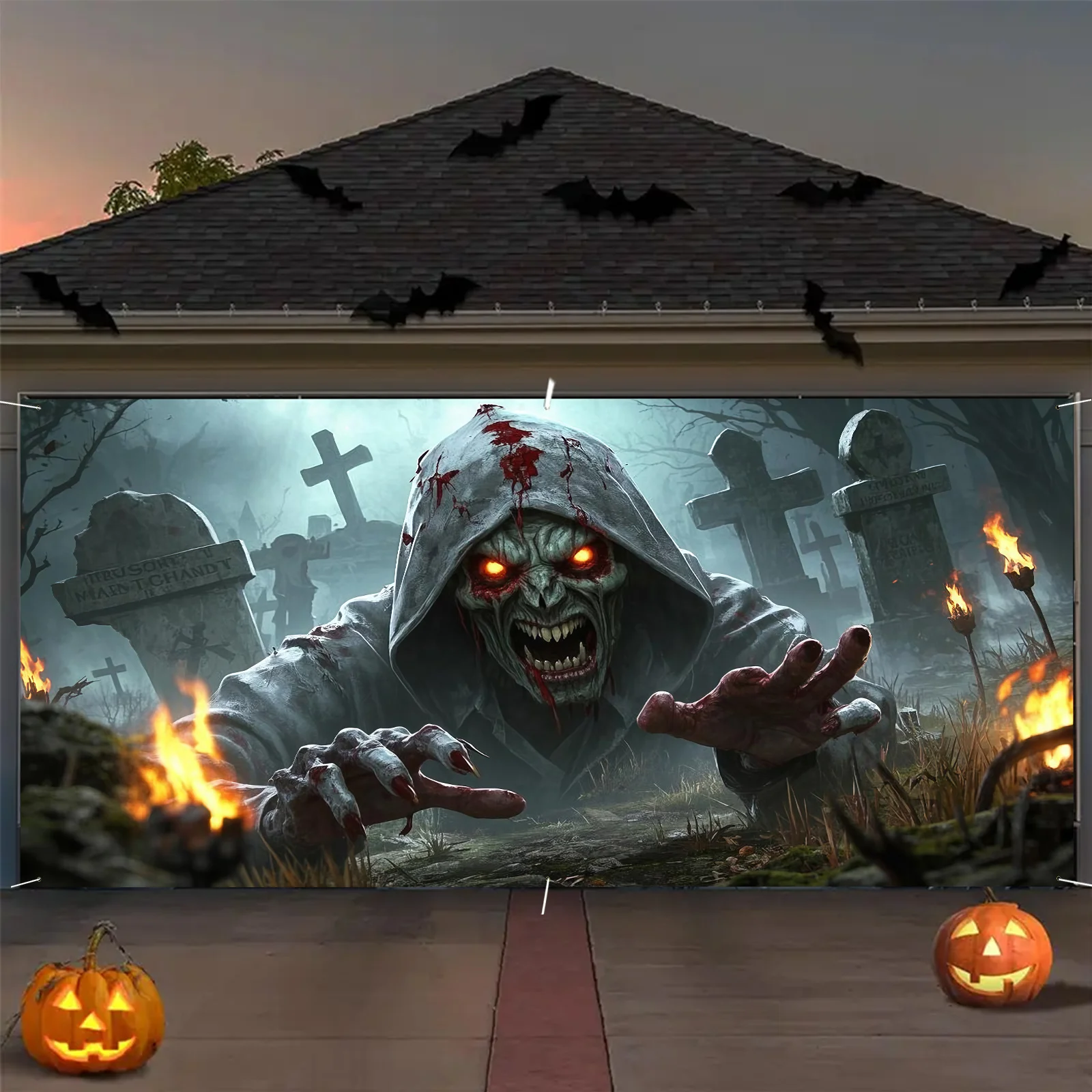 1 Stück 2D flaches Halloween-Dekorationsbanner-Hintergrundtuch, Halloween-Dekorationsparty-Hintergrund, kein Strom erforderlich – Symbol