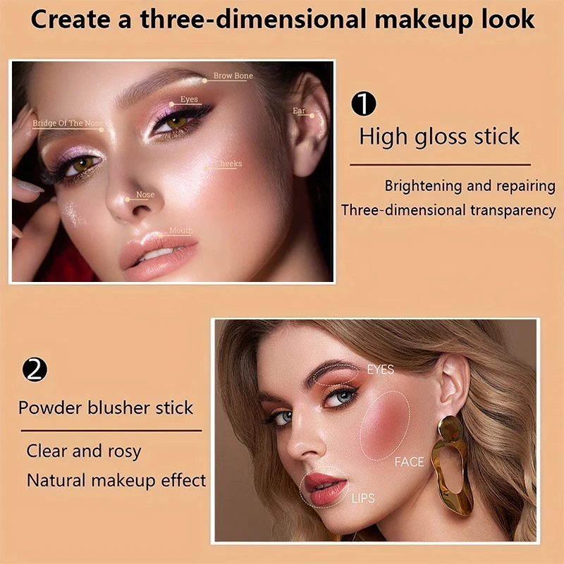 Multi-Tone Creamy Highlighter Blush Stick Makeup Long-Lasting Waterproof Simple High Lip Natural Stereo Concealer Blush Stick 6