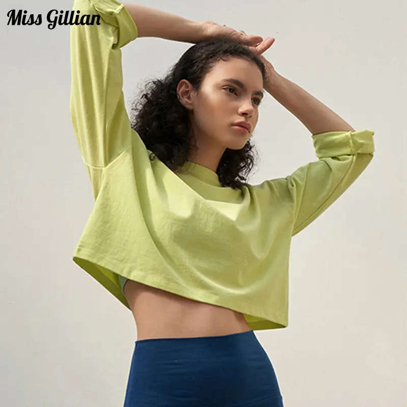 

2023 Spring Summer Cotton Casual T-shirts Women O Neck Long Sleeve Crop Tops Solid Loose Sports Shirt Female Clothing Basic Tees