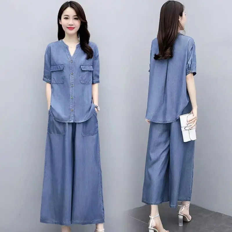 Large Size Wide Leg Pants Women's Set 2024 Spring/summer New Fashionable Loose Fitting Age Reducing Two-piece Set